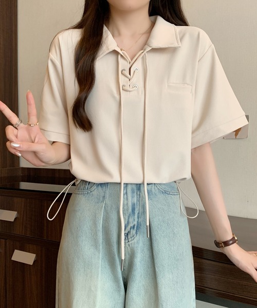 Girly Doll（ガーリードール） tシャツ 半袖 ポロカラーレースアップ