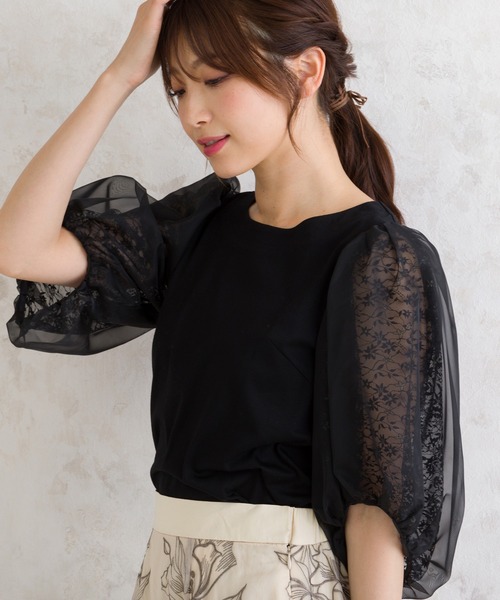 tシャツ レース切替袖カットソー レディース