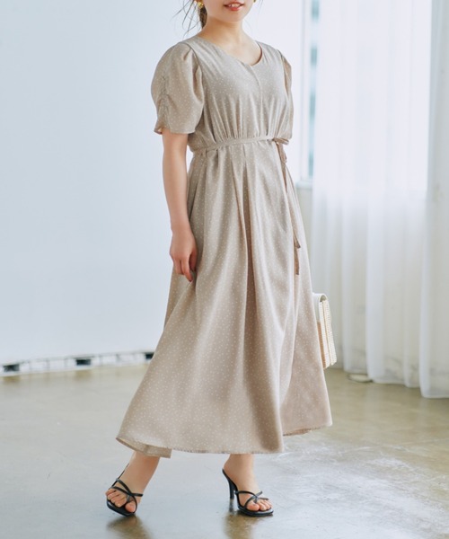 ワンピース タックギャザースリーブドットワンピース「低身長・小柄 
