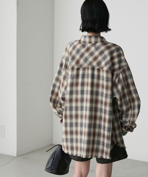 ブラウス シャツ フリンジチェックブラウス レディース セール】チェックフロントシャーリングシャツ（シャツ/ブラウス