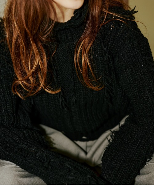 terrace ニット セーター ダメージフリンジニットプルオーバー