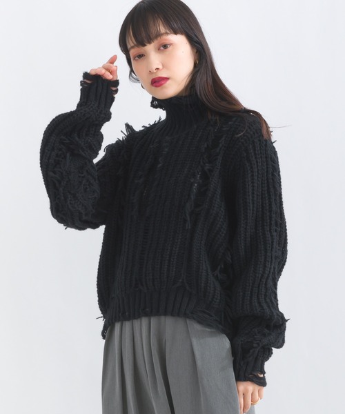 terrace ニット セーター ダメージフリンジニットプルオーバー