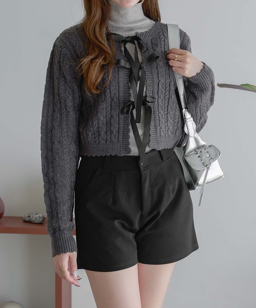 Ambre Neige カーディガン サテンリボンケーブルニットカーディガン  