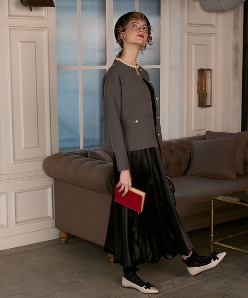 日本製【Rene】パール釦付きノーカラーカーディガン　黒　袖フリルカーデ　38 日本製【Rene】パール釦付きノーカラーカーディガン 黒 袖フリルカーデ 38