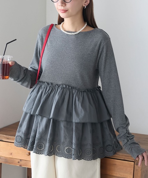 tシャツ コットンローンレースドッキングプルオーバー レディース BONLECILL tシャツ コットンボリュームレースドッキングプル