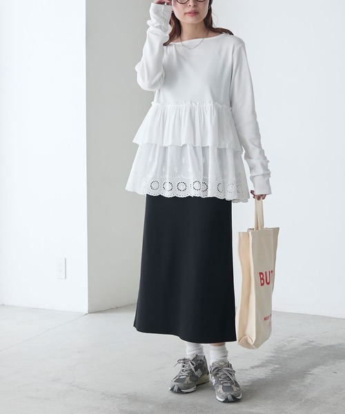 tシャツ コットンローンレースドッキングプルオーバー レディース BONLECILL tシャツ コットンボリュームレースドッキングプル