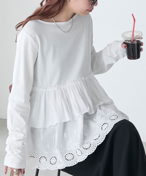 tシャツ コットンローンレースドッキングプルオーバー レディース BONLECILL tシャツ コットンボリュームレースドッキングプル