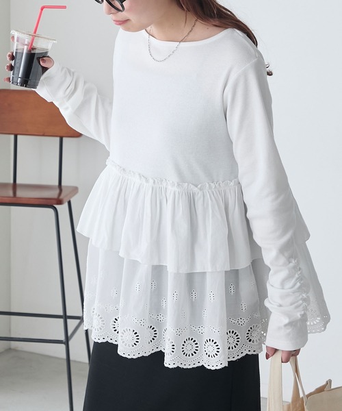 BONLECILL tシャツ コットンボリュームレースドッキングプル