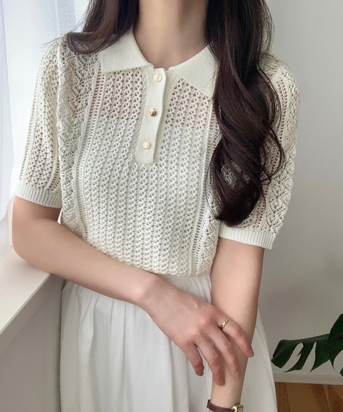 ポロシャツ ポロ 透かし編みポロニット レディース LAUIR ポロシャツ ポロ 透かし編み半袖ニットポロシャツ