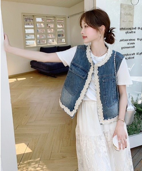 洋服屋　レース　デニムジャケット セール】レース襟デニムジャケット（デニムジャケット