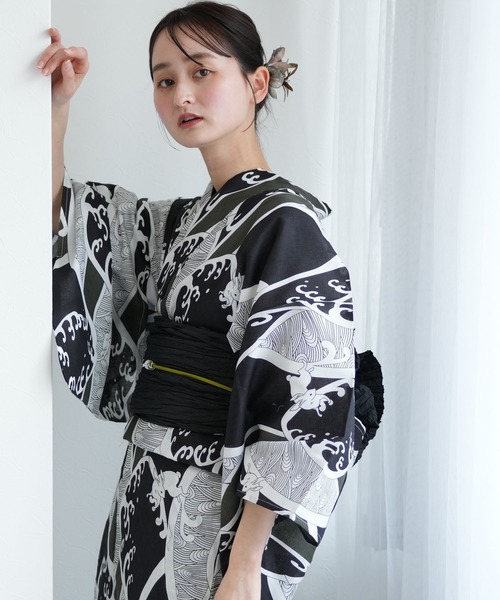 utatane 浴衣 浴衣3点セット 綿麻 紺色の麻の葉と鞠 レディース