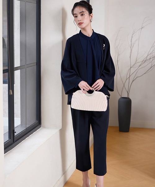 ネイビー パンツスーツ フレアスリーブ S～3L】ノーカラーフレアースリーブパンツスーツ | ルイルエブティック