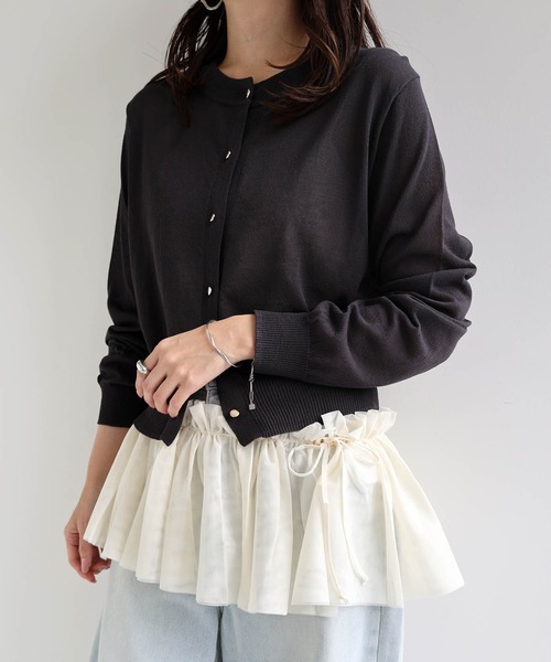 ルーニィ　長袖カーディガン　金ボタン　シアー　ラメ入り　Vネック　黒　F ダブルボタンシアーカーディガン／double button sheer cardigan