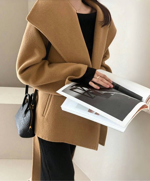 コート アウター ウエストベルト付きオーバーラップカラーショート