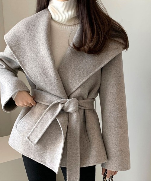 コート アウター ウエストベルト付きオーバーラップカラーショート