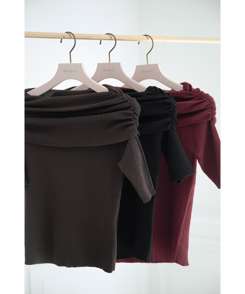 ニット/セーター herlipto Offthe-shoulderCableWoolSweater Her lip to ニット セーター Gathered Rib Knit Top レディース