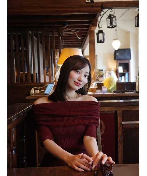 ニット/セーター herlipto Offthe-shoulderCableWoolSweater Her lip to ニット セーター Gathered Rib Knit Top レディース