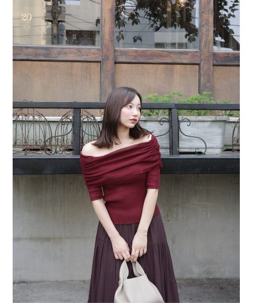 ニット/セーター herlipto Offthe-shoulderCableWoolSweater Her lip to ニット セーター Gathered Rib Knit Top レディース