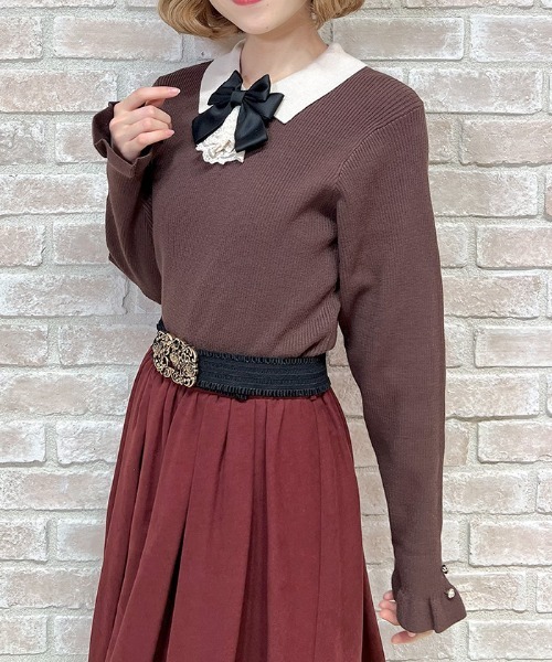 axes femme POETIQUE ニット セーター ブローチ付バイカラー襟ニット