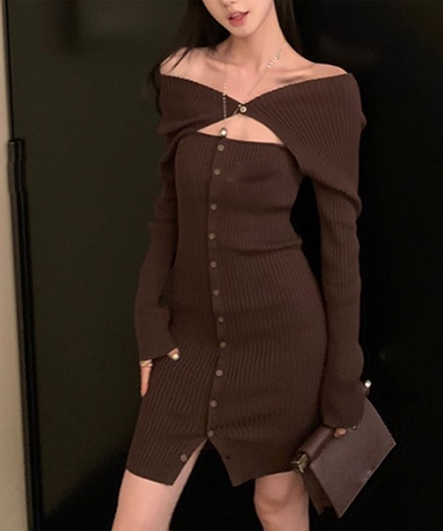 Songe ワンピース オフショルダー長袖ニットワンピース : ZOZOTOWN
