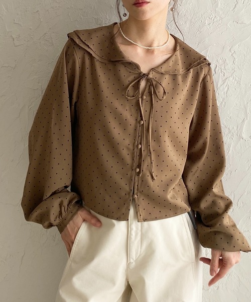 She's Closet ブラウス シャツ 長袖 ラッフルカラー 水玉 ドット柄