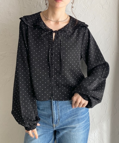 She's Closet ブラウス シャツ 長袖 ラッフルカラー 水玉 ドット柄