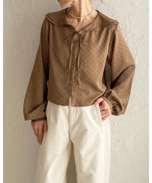 She's Closet ブラウス シャツ 長袖 ラッフルカラー 水玉 ドット柄