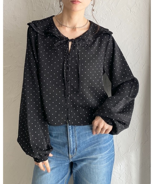 She's Closet ブラウス シャツ 長袖 ラッフルカラー 水玉 ドット柄