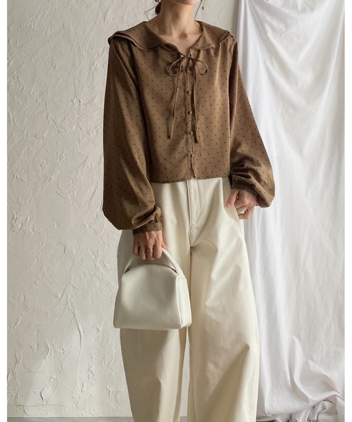 She's Closet ブラウス シャツ 長袖 ラッフルカラー 水玉 ドット柄