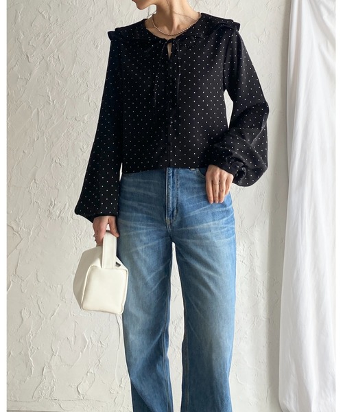 She's Closet ブラウス シャツ 長袖 ラッフルカラー 水玉 ドット柄
