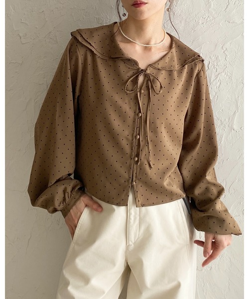 She's Closet ブラウス シャツ 長袖 ラッフルカラー 水玉 ドット柄