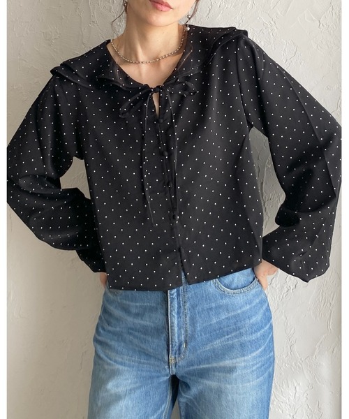 She's Closet ブラウス シャツ 長袖 ラッフルカラー 水玉 ドット柄