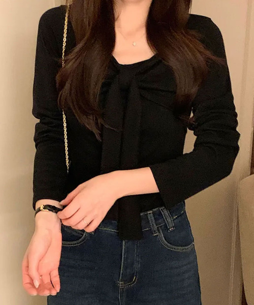 tシャツ フロントリボンデザイン ロンT トップス レディース
