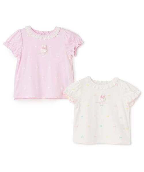 mezzo piano tシャツ ウサギマスコットつき リボン柄 半袖Tシャツ 