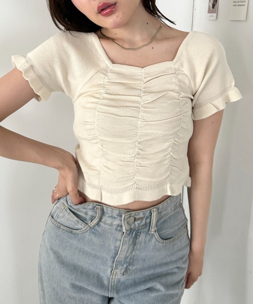 CLEA tシャツ 半袖 半袖シャーリングフリルトップス レディース