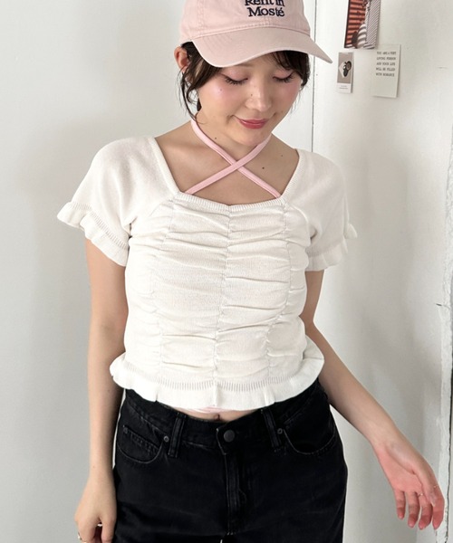 CLEA tシャツ 半袖 半袖シャーリングフリルトップス レディース