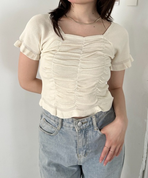 完売商品olun シャーリングフリルトップス 半袖 CLEA tシャツ 半袖 半袖シャーリングフリルトップス レディース