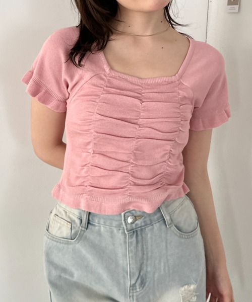 CLEA tシャツ 半袖 半袖シャーリングフリルトップス レディース