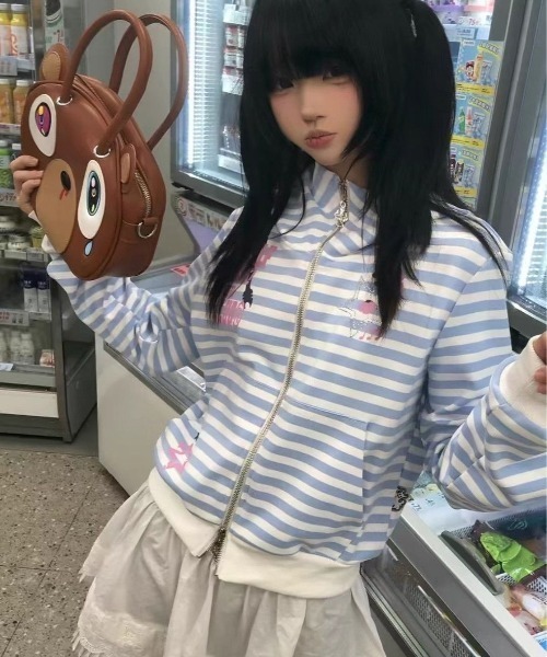 ピースナウ ボーダー パーカー ロンティ ストライプ猫 猫耳 パーカー ネコ耳フード ボーダー柄 ジップパーカー レディース