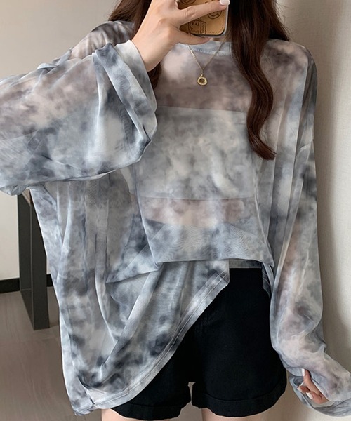DAY CLOSET ブラウス シャツ レディース 長袖タイダイ柄シアー