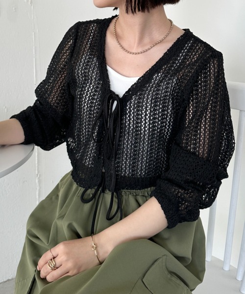 CLEA カーディガン フロントリボン メッシュクロップド丈