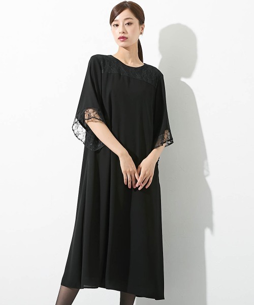 Callarus 黒 Aライン フォーマル　ワンピース　レース　　礼服　喪服 喪服・礼服】日本製生地使用 洗える防しわフロントレース切替