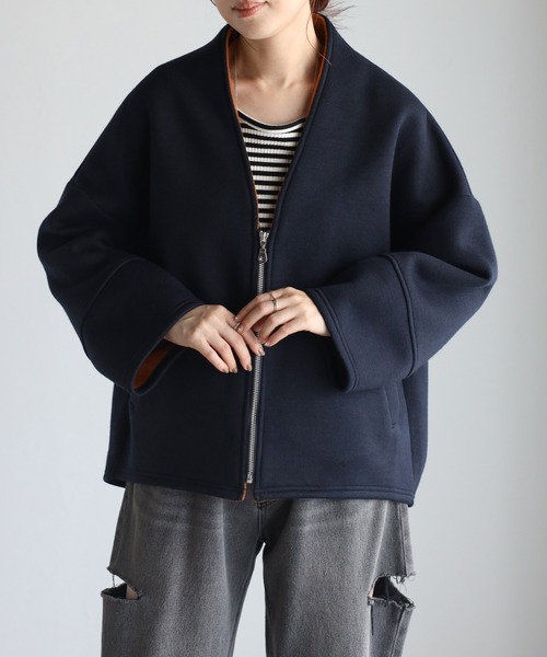 【極美品】　デビット　ウールブレンドバイカラーパイピングジャケットブルー日本製 ＆HALF ブルゾン アウター バイカラーボンディングニット
