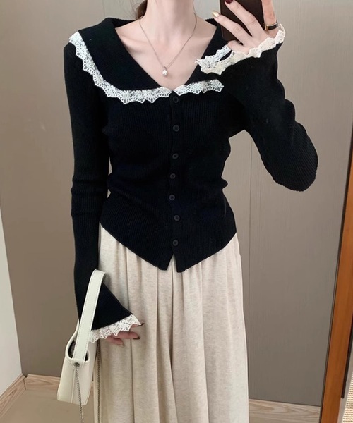 Lace Ladies（レースレディース） カーディガン 丸襟 レース リブ