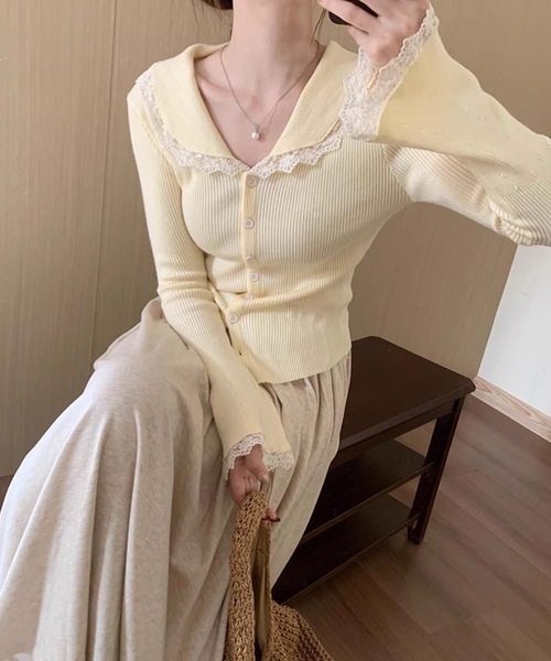 Lace Ladies カーディガン 丸襟 レース リブ ニット レディース