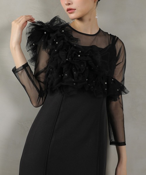 【Kana】フリル付きシースルーパーティードレス Kana ドレス パール フリル ビスチェ ワンピ 2点セット パーティー