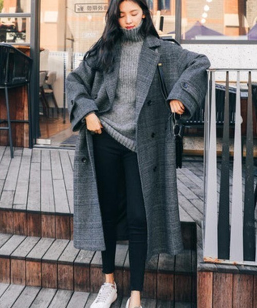 コート アウター チェック柄ダブルブレストロングコート レディース