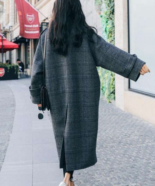 コート アウター チェック柄ダブルブレストロングコート レディース