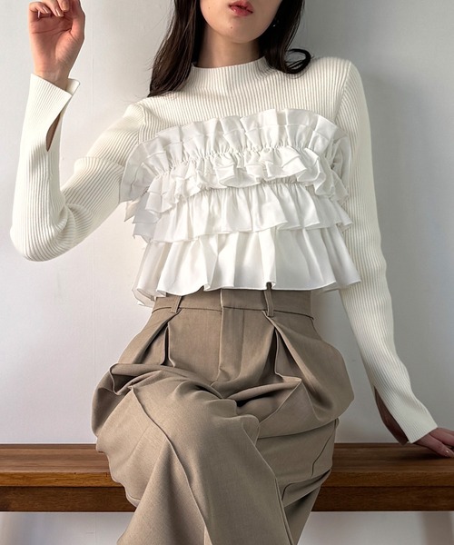 JUNOAH（ジュノア） ニット セーター フリルビスチェ風ドッキング