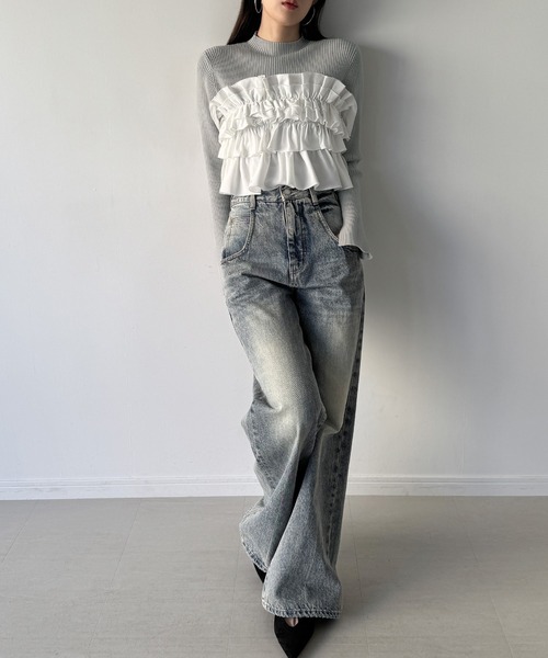 JUNOAH（ジュノア） ニット セーター フリルビスチェ風ドッキング